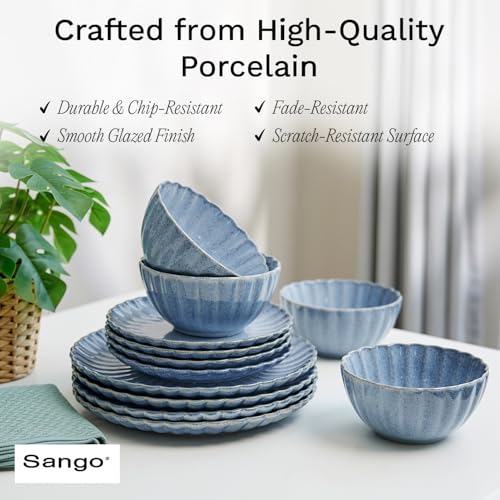 12 Pieces Stoneware Dinnerware Set, Microwave and Dishwasher Safe, for 4 | Scallop Frill Design, Chip Resistant, Ceramic, Includes Plates and Bowls - color: Blue, size: 12-Piece Set