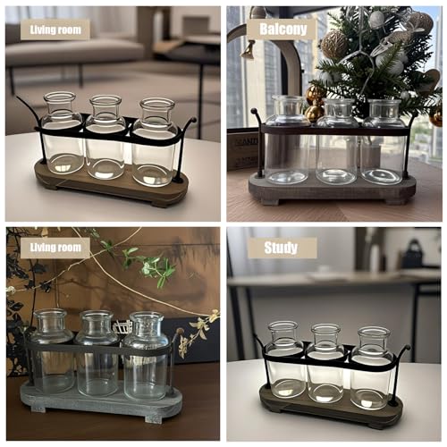 Propagation Stations with Rustic Wood Metal Stand, Glass Vase Set with Wicker Basket Holder, 3 Bottles, Rustic Farmhouse Decor, Home and Office Table Decor (Set of 3 Bottles)