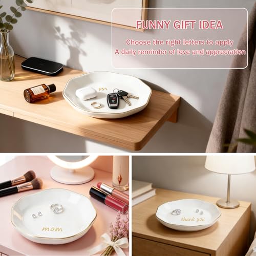 LUCKINEE Ceramic Jewelry Tray Round Ring Dish Trinket Dish Gifts for Women | Personalized Birthday Gifts for Mom Dad,Sisters and Friends,with 1pc Gold Puffy Letter Sticker A-Z, With 1pc Greeting Card - color: DIY Style 1-A-Z