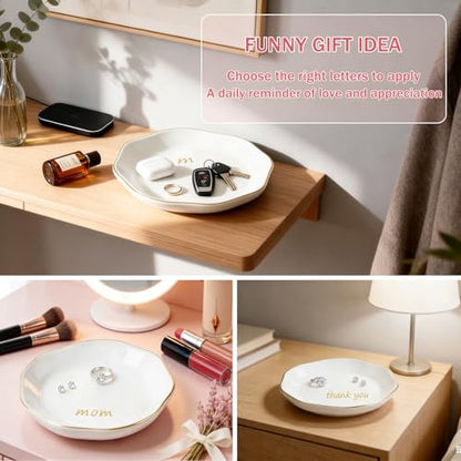 LUCKINEE Ceramic Jewelry Tray Round Ring Dish Trinket Dish Gifts for Women | Personalized Birthday Gifts for Mom Dad,Sisters and Friends,with 1pc Gold Puffy Letter Sticker A-Z, With 1pc Greeting Card - color: DIY Style 1-A-Z