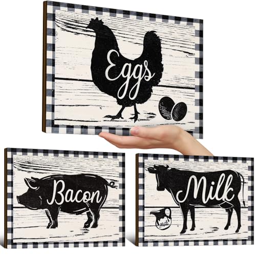 Jetec 3 Pieces Farmhouse Kitchen Decor Wooden Pig Cow Chicken Signs Rustic Buffalo Plaid Wall Art Farm Animal Plaque for Kitchen Home Wall Decorations, 11.8 x 8.8 Inch - size: 11.8 x 8.8 Inch