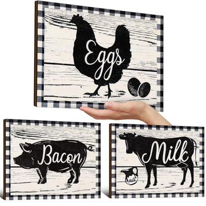 Jetec 3 Pieces Farmhouse Kitchen Decor Wooden Pig Cow Chicken Signs Rustic Buffalo Plaid Wall Art Farm Animal Plaque for Kitchen Home Wall Decorations, 11.8 x 8.8 Inch - size: 11.8 x 8.8 Inch