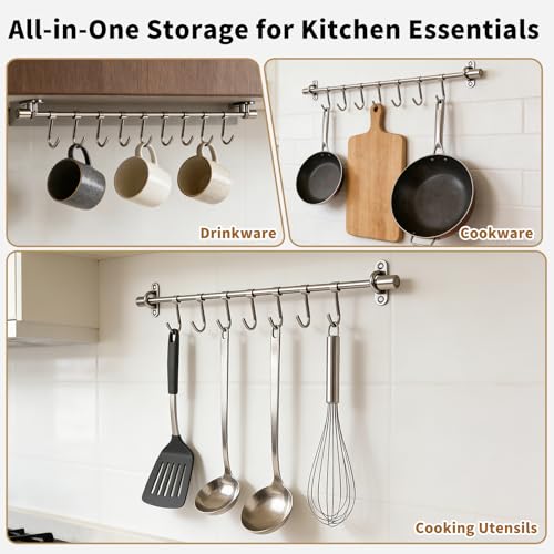 15.7" Kitchen Utensil Rack with 7 Sliding Hooks, 304 Stainless Steel Kitchen Rail with Hooks, Utensil Hanging Rack Wall Mounted, Pots and Pans Hanging Rack 2 Packs