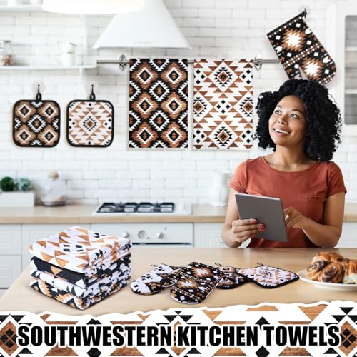 Teenyyou 8 Pcs Western Aztec Kitchen Towels Southwestern Pot Holders and Oven Mitt Set 4 Aztec Dish Towels 2 Rustic Absorbent Square Potholders 2 Heat Resistant Glove for Cooking Baking Home Gifting - style: Aztec