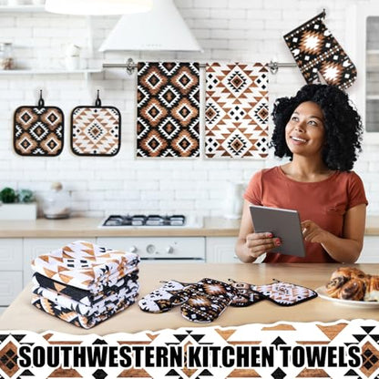 Teenyyou 8 Pcs Western Aztec Kitchen Towels Southwestern Pot Holders and Oven Mitt Set 4 Aztec Dish Towels 2 Rustic Absorbent Square Potholders 2 Heat Resistant Glove for Cooking Baking Home Gifting - style: Aztec