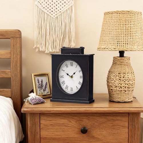 Vintage Mantel Clock, Large Rustic Distressed Metal Table Clock with Handle, Silent Non-Ticking Quartz Movement, Antique Brown Fireplace Shelf Desk Clock for Living Room Bedroom Office - style: Mantel Clock