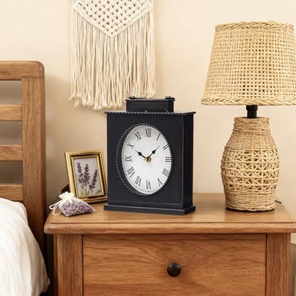 Vintage Mantel Clock, Large Rustic Distressed Metal Table Clock with Handle, Silent Non-Ticking Quartz Movement, Antique Brown Fireplace Shelf Desk Clock for Living Room Bedroom Office - style: Mantel Clock