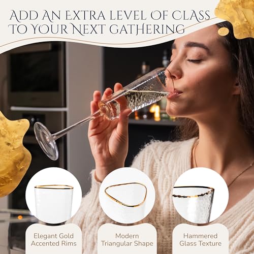 Bec's Designs Champagne Flutes Set of 4, 6oz Handblown, Hammered Gold Rim | Triangular champagne glasses offer elegant stemware for mimosas, Prosecco & weddings; handblown hammered glass design.