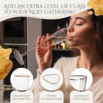 Bec's Designs Champagne Flutes Set of 4, 6oz Handblown, Hammered Gold Rim | Triangular champagne glasses offer elegant stemware for mimosas, Prosecco & weddings; handblown hammered glass design.
