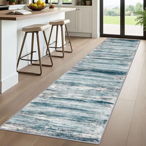 KOZYFLY Modern Abstract Hallway Runner Rug, 2.6x10 Washable Rug Runner Non-Slip Soft Striped Kitchen Runner Rugs, Print Blue Carpet Runner for Entryway Bathroom Laundry Room Foyer - color: Blue, size: 2'8" x 10' (Runner)