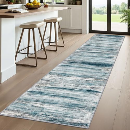KOZYFLY Modern Abstract Hallway Runner Rug, 2.6x10 Washable Rug Runner Non-Slip Soft Striped Kitchen Runner Rugs, Print Blue Carpet Runner for Entryway Bathroom Laundry Room Foyer - color: Blue, size: 2'8" x 10' (Runner)