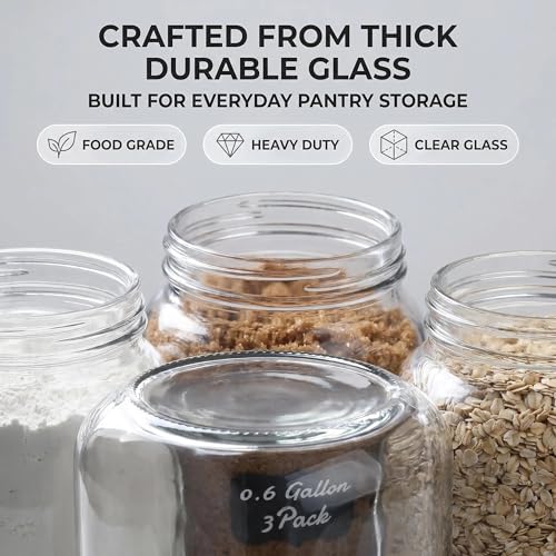 78oz Large Square Airtight Glass Jars with Lids, Wide Mouth Food Storage Canisters, Hold 4lb Sugar or 5lb Rice, Heavy Duty Pantry Containers for Flour, Coffee, Bulk Storage - size: 78 fl oz x 3 - Square