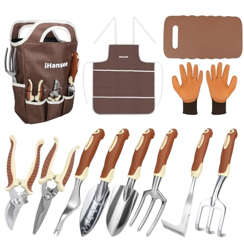 Brown Garden Tools Set 12-Piece, Gardening Gifts for Women Men | Aluminum Garden Hand Tool Kit with Non-Slip Ergonomic Handle, Storage Tote Bag, Apron, Gloves and Kneeling Pad for Gardeners - color: brown