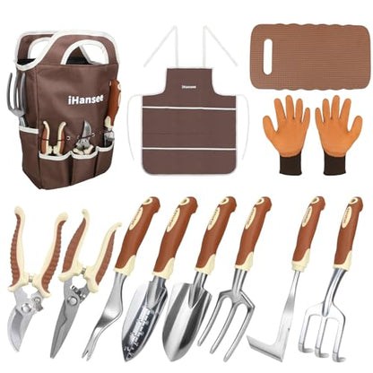 Brown Garden Tools Set 12-Piece, Gardening Gifts for Women Men | Aluminum Garden Hand Tool Kit with Non-Slip Ergonomic Handle, Storage Tote Bag, Apron, Gloves and Kneeling Pad for Gardeners - color: brown