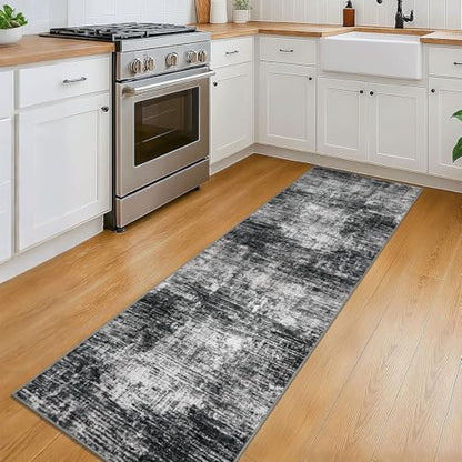 KILOCOCO Abstract Runner Rug 2x6 ft Washable Hallway Runner, Black/Grey | Machine Washable Kitchen Runner, Non Slip Entryway Runner, Printed Carpet Runners, Abstract Floor Runners, Soft Bedside Rug - color: Black/Grey, size: 2' x 6' (Runner)