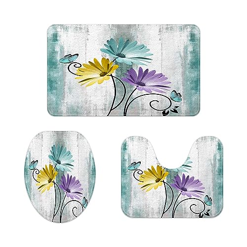 Rustic Farmhouse Bath Mat Set, Farm Teal Daisy Floral Flowers and Butterfly on Country Wooden Bathroom Mat Set with Non-Slip Bath Rug, Soft Toilet Lid Cover and Contour Mat, Turquoise - color: Teal-2