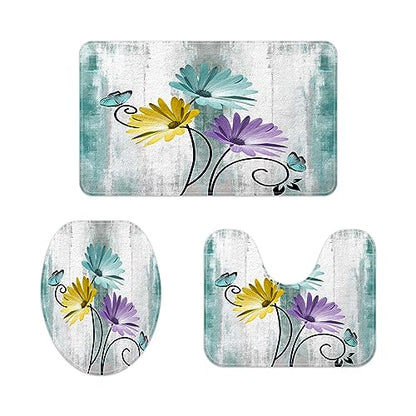 Rustic Farmhouse Bath Mat Set, Farm Teal Daisy Floral Flowers and Butterfly on Country Wooden Bathroom Mat Set with Non-Slip Bath Rug, Soft Toilet Lid Cover and Contour Mat, Turquoise - color: Teal-2