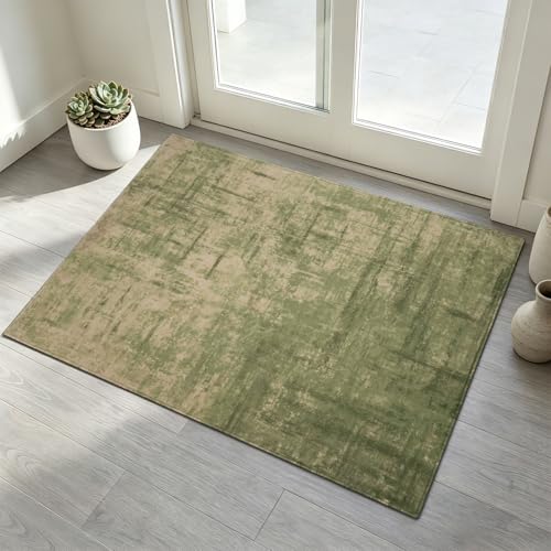 2'x3' Washable Entryway Rug Small Area Rugs Olive Green Abstract Textured Rug Vintage Distressed Throw Rugs Non-Slip Low Pile Mat for Door Bedroom Bathroom Kitchen or Dorm Room Sage Green Beige - color: Abstract 01--green