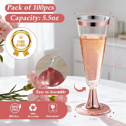 GuanQiao 100 Pack Plastic Champagne Flutes with Rose Gold Rim Pink Bottom, 5.5 Oz Clear Disposable Plastic Champagne Glasses, Wine Glasses Cups for Wedding Celebration New Years Eve Party Supplies - color: Pink Bottom Pink Rim, size: 100-Pack