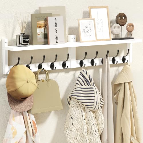 AMBIRD 34.2" L Wooden Wall Coat Hooks with Shelf - Versatile and Decorative Wall-Mounted Storage - 10 Hooks for Hanging Coats, Hats, Keys, Bags, Scarves - Ideal for Entryways, Bedrooms, Closets(White) - size: 34.2 inch, style: Modern White
