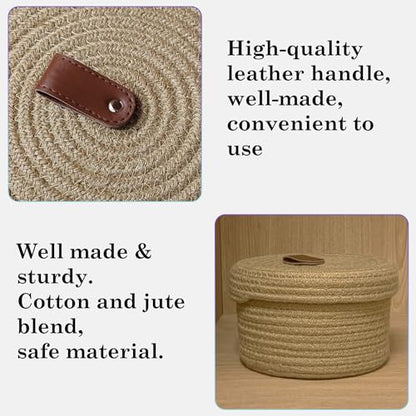 Set of 2 Round Jute Rope Storage Baskets with Lids -Leather Handles- Decorative Woven Organizer Bin for Home, Kitchen, Nursery,Small Basket