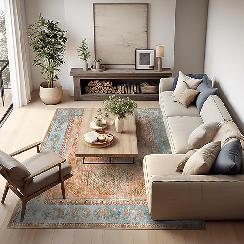 Ashler Boho Rug, 8x10 Area Rugs, Vintage Rugs, Large Area Rug, Rugs for Living Room, Bedroom, Kitchen, Dinner, Orange/Teal/Terracotta Home Decor, Non-Slip & Machine Washable, Carpet Decoration - color: A-orange/Teal/Terracotta, size: 8' x 10' (Rectangular