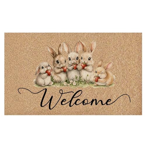 Easter Bunny Welcome Door Mat, Cute Welcome Peeps Easter Rabbit Strawberry Decorative Artificial Coco Coir Doormat for Indoor Porch Front Door Entrance Outside, 17x30 in, - color: Rabbit