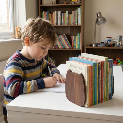 2-Pack Kitten Beech Bookends, 5.5x4.7in | Solid Wood, Natural Grain, Non-Slip Base, Detachable, for Shelves/Desk/Kids Room - color: Beech Wood Kitten