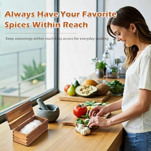 Acacia Wood Salt Cellar Spice Box with Magnetic Lid 29oz Large Capacity Salt Organizer 1 Compartments for Kitchen Countertop, Pepper, Seasonings, Spices, Grilling & Cooking - color: Acacia Wood, style: 1 Compartments