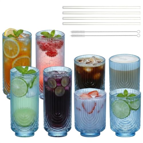 Ribbed Glass Cups with Straws, Blue Glass Drinking Cups, Drinking Glasses Set of 8, 13oz Highball & 10oz Water Glasses, Vintage Kitchen Glassware Set for Juice, Coffee, Cocktail, Whiskey - color: Blue, size: Arched-Ribbed