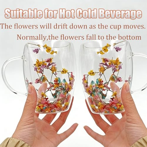 Viovian 13oz Double Wall Glass Coffee Mugs Set of 2 Insulated Glass Coffee Cups with Handles,Clear Dried Flower Tea Mug for for Hot Beverages,Tea Cup Women Birthday Gifts - color: 13oz double wall glass mugs set of 2