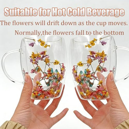 Viovian 13oz Double Wall Glass Coffee Mugs Set of 2 Insulated Glass Coffee Cups with Handles,Clear Dried Flower Tea Mug for for Hot Beverages,Tea Cup Women Birthday Gifts - color: 13oz double wall glass mugs set of 2