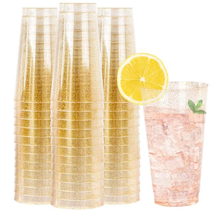 I00000 16 oz Gold Plastic Cups, 50 Pack Gold Glitter Plastic Cups Tumblers Disposable Party Cup Wedding Cup, Heavy-duty Plastic Disposable Glasses Ideal for Birthday, Wedding & Party - color: Glitter-16oz-50