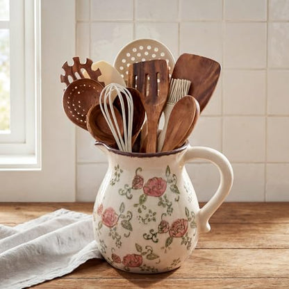 Retro Rustic Ceramic Utensil Holder 6.1" Modern Farmhouse Utensil Crock with Handle Kitchen Organizer for Countertop Home Decoration Housewarming Gift (Red Rose) - style: Red Rose