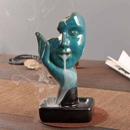 Half Face of Women in Hands Statue Backflow Incense Holder,Waterfall Incense Burner Holder for Sticks Cones Home Office Yoga AI024 - color: Face Statue