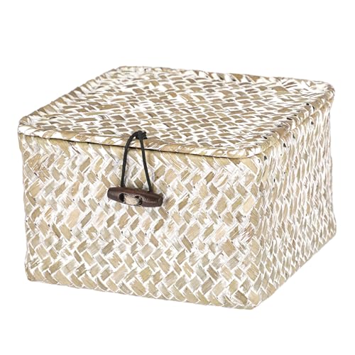 Hipiwe Wicker Shelf Baskets with Lid Woven Decorative Basket Bin, X-small | Handmade Natural Seagrass Storage Box, Household Organizer Bin for Shelf Bathroom Coffee Table Decor Organizer - color: Whitewash color, size: X-small