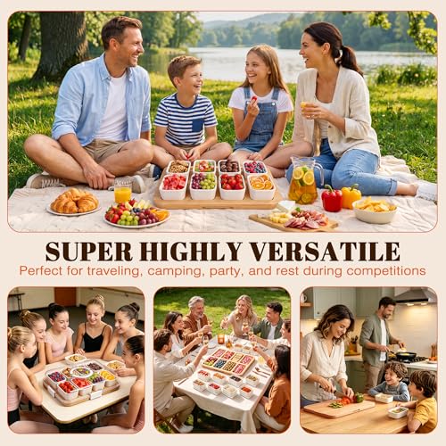 Portable Charcuterie Boards with Lid, 8 Ceramic Bowls, Serving Tray | Clear Lid Keeps Food Fresh, Travel Portable Board for Kitchen, Picnic and Party, House Warming Gifts New Home - color: 8 Compartments White