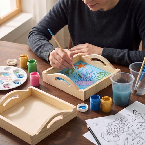 Ferrochef 12 Pcs Unfinished Wooden Trays for Crafts, 5.9 Inch Mini Square Pine Wood Trays with Handles, Blank Wood Serving Tray for DIY Painting, Party Favors, Home Decor