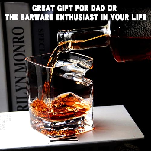 Cigar Whiskey Glass with Cigar Holder - 12oz Old Fashioned Glass with Side Mounted Rest - Bourbon Glass Cigar Accessories with Whiskey Stones and Recipe, for Men/Husband