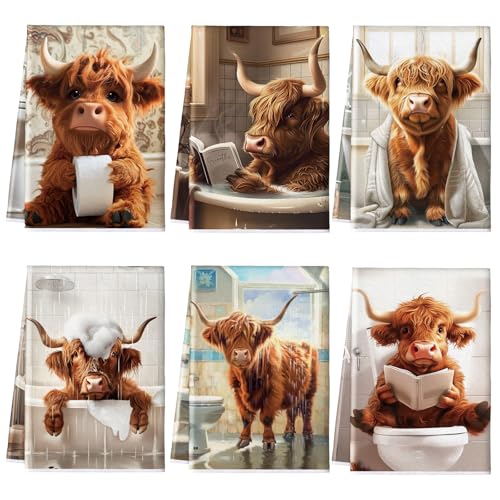 Redbaker 6 Highland Cow Kitchen Towels with Hanging Loop | Soft Absorbent Tea Dishcloths, Rustic Farmhouse Housewarming Gift for Bathroom Kitchen, Bathing Cow Themed Decor - style: Bathroom