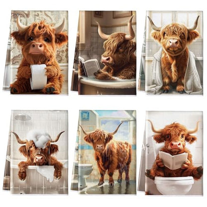 Redbaker 6 Highland Cow Kitchen Towels with Hanging Loop | Soft Absorbent Tea Dishcloths, Rustic Farmhouse Housewarming Gift for Bathroom Kitchen, Bathing Cow Themed Decor - style: Bathroom