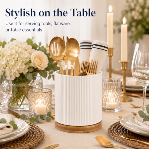 360 Rotating Cooking Utensil Holder,Kitchen Utensil Holder for Countertop | Utensil Crock for Kitchen Counter with Rotatable Wooden Base,Ideal Gifts for Housewarming Home Chefs and Cooking - color: white
