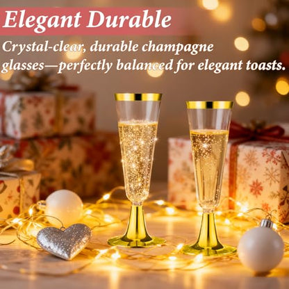 GuanQiao 100 Pack Plastic Champagne Flutes with Gold Rim Gold Bottom, 5.5 Oz Clear Disposable Plastic Champagne Glasses, Wine Glasses Cups for Wedding Celebration New Years Eve Party Supplies - color: Gold Bottom Gold Rim, size: 100-Pack