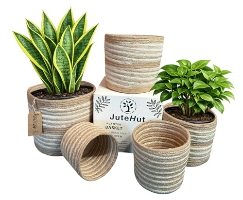 Planter Basket Set – 5-Piece Handwoven Jute Planter Basket for Home Decor, Nursery, or Indoor Plants (5'' to 8'' Diameter, 4.75'' to 7.75'' Height) – Wrinkle Free - Natural Beige with White Band - color: Natural Beige With White Band