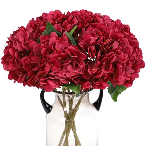 Kimura's Cabin 6Pcs Hydrangea Artificial Flowers Silk Hydrangeas,Dark Red | Faux Hydrangea Flowers with Stems Fake Flowers ,Wedding Bouquets Arrangement,Home Table Centerpieces,Baby Shower Party Decor - color: Dark Red