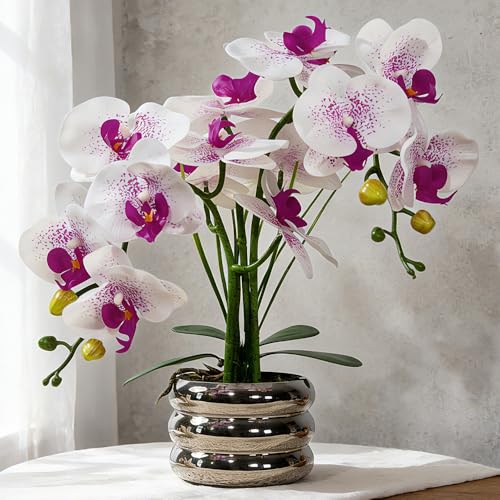 Artificial Orchids Flowers with Vase for Table Centerpieces, Real Touch Faux White Orchid Phalaenopsis in Ceramic Vase for Home Wedding Kitchen Decoration (Silver Vase, White Purple) - color: Silver Vase, White Purple