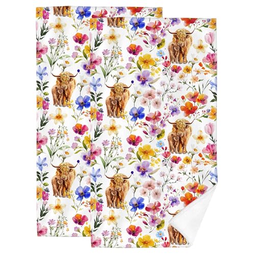Vintage Floral and Highland Cattle Hand Towels for Bathroom Set of 2 Soft Absorbent Cute Cow Farmhouse Decorative Bath Towels for Spa Gym Yoga Home Bathroom Decor Highland Cow Gifts 14"x28" - color: Cute Cow
