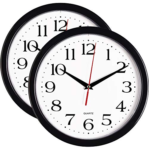 Bernhard Products Black Wall Clocks, 2 Pack Silent Non Ticking 10 Inch Quality Quartz Battery Operated Round Easy to Read Home/Office/School Clock - color: Black, size: 10 Inch - 2 Clocks