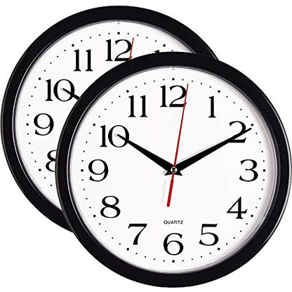 Bernhard Products Black Wall Clocks, 2 Pack Silent Non Ticking 10 Inch Quality Quartz Battery Operated Round Easy to Read Home/Office/School Clock - color: Black, size: 10 Inch - 2 Clocks