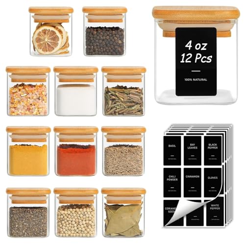 ComSaf Glass Spice Jars with Labels 4 oz 12 Pack Small Square Bamboo Lids | Empty Containers, Seasoning Herbs Powders, Salt Pepper Chili, Spice Rack Organization, Kitchen Cabinet Storage, Dry Goods